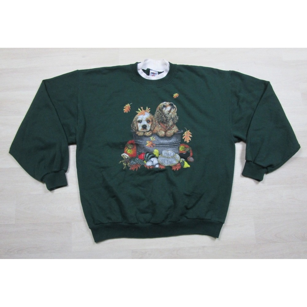 Vintage 90s Fall Puppies Crewneck Sweatshirt (L) Double Collar Nature Granny